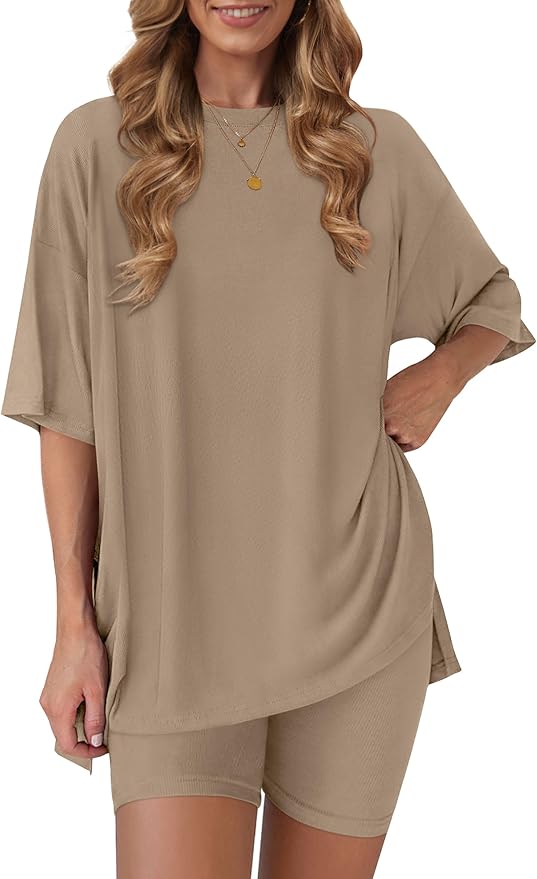 Women's 2 Piece Lounge Sets 2026 Casual Summer Airport Travel Outfits Oversized Shirts Biker Shorts Matching Clothing