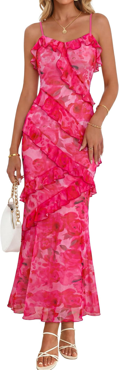 Summer Floral Wedding Guest Maxi Dress Women 2026 Vacation Formal Bodycon Spaghetti Strap Cocktail Party Long Dress