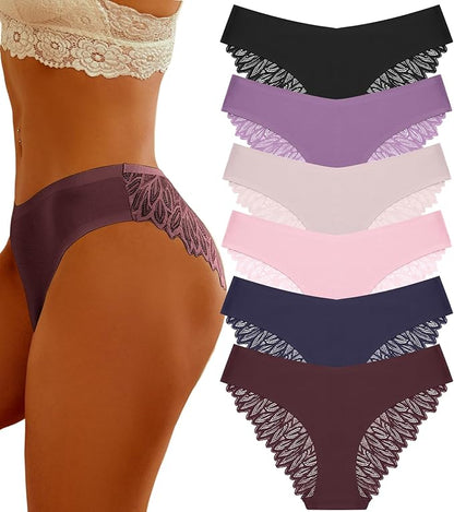 FINETOO 6 Pack Sexy Underwear for Women Silky Seamless No Show Panties Ladies Lace Bikini Lightweight Cheeky Hipster