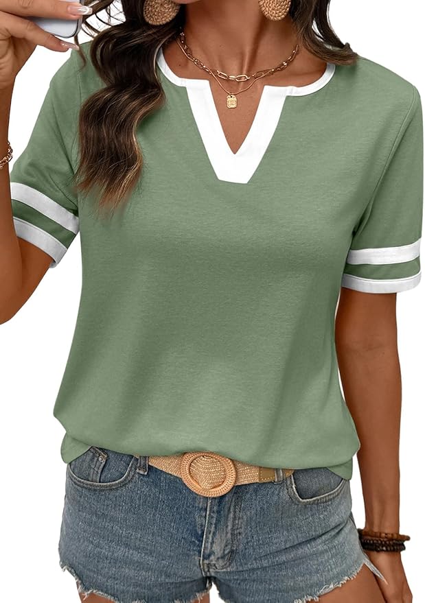 Women's Summer Tops Cotton V Neck Short Sleeve T-Shirts Colorblock Casual Tees 2026 Clothes