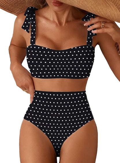 Women's Tie Shoulder Bikini Sets 2 Piece Striped Swimsuits High Waisted Bathing Suits