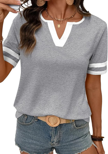 Women's Summer Tops Cotton V Neck Short Sleeve T-Shirts Colorblock Casual Tees 2026 Clothes