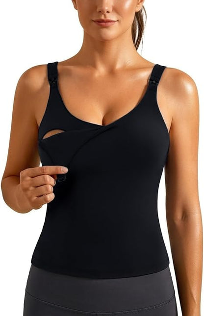 Nursing Tank Tops with Built in Bra, Nursing Sport Bra | Longline Buttery Soft fabric，One-hand nursing clips，Crop tank fit，Care label guidance，Breastfeeding Crop Shirt