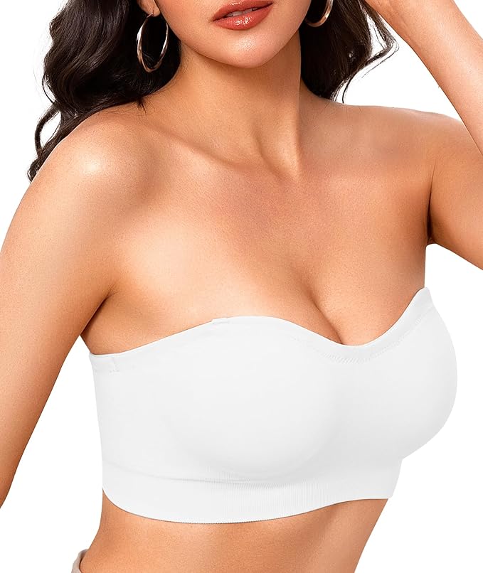 Strapless Bras for Women Non-Slip Wireless Bandeau Bra Seamless Padded Tube Top Bra Including Fabric & Clear Straps
