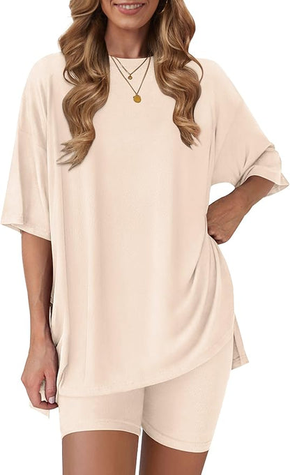 Women's 2 Piece Lounge Sets 2026 Casual Summer Airport Travel Outfits Oversized Shirts Biker Shorts Matching Clothing