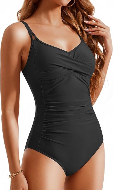 Slimming Tummy Control Swimsuits for Women Front Cross Push Up One Piece Bathing Suits Full Coverage Swimwear