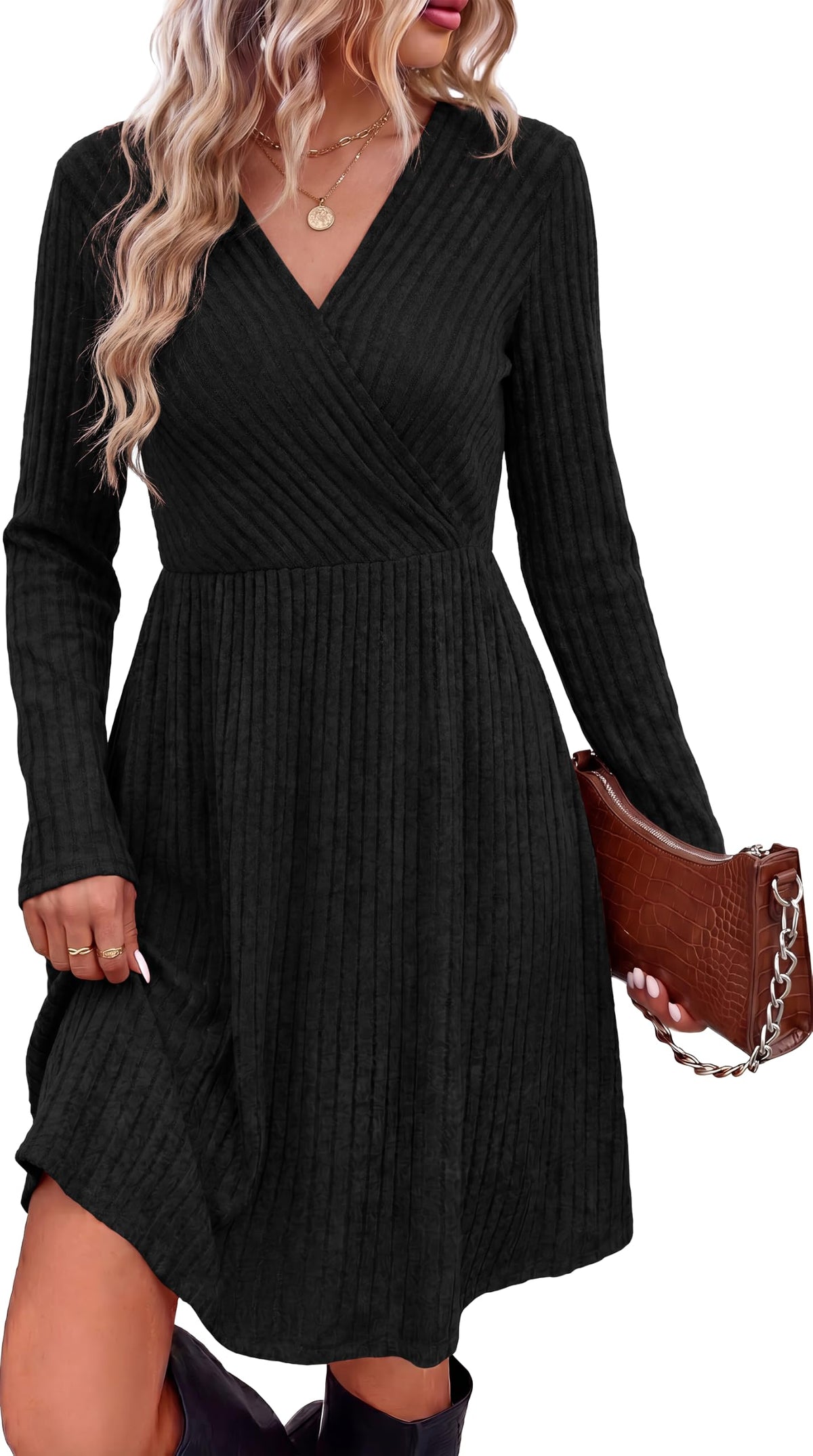 Women's Fall Dresses 2026 Long Sleeve Wrap Sweater Dress with Pockets