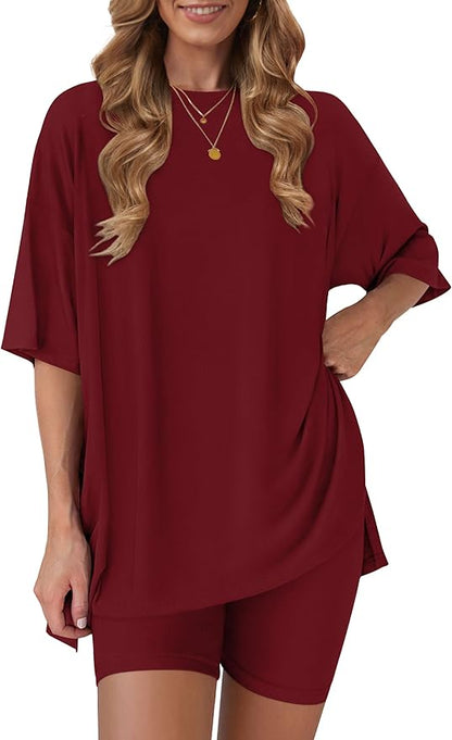 Women's 2 Piece Lounge Sets 2026 Casual Summer Airport Travel Outfits Oversized Shirts Biker Shorts Matching Clothing