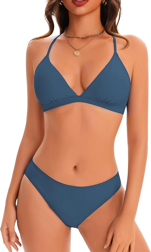 karrack Bikini Set for Women Two Piece Triangle Swimsuits V Neck Low Rise Crisscross Back Self Tie Spaghetti Straps