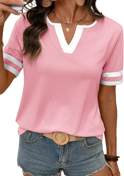 Women's Summer Tops Cotton V Neck Short Sleeve T-Shirts Colorblock Casual Tees 2026 Clothes