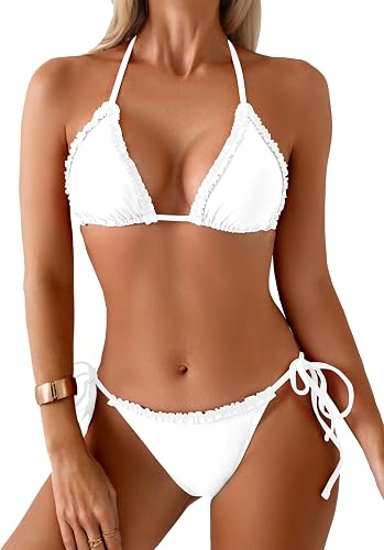 Women's Triangle Bikini Set Sexy String Halter Swimsuit Cute Ruffle Trim Two Piece Bathing Suit