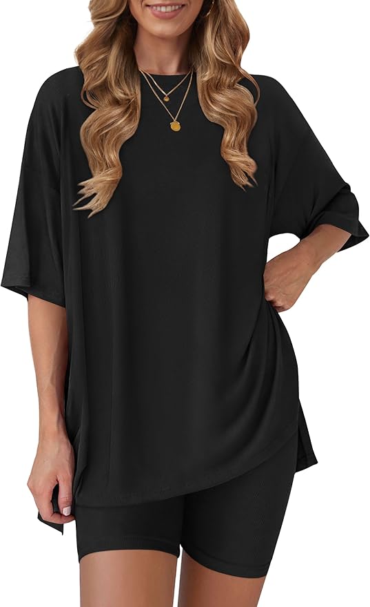 Women's 2 Piece Lounge Sets 2026 Casual Summer Airport Travel Outfits Oversized Shirts Biker Shorts Matching Clothing