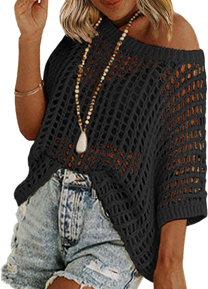 Short Sleeve Crochet Sweater Lightweight Summer Tops Loose Hollow Out Crewneck Pullover