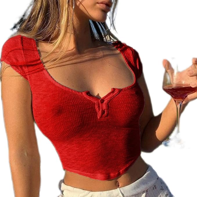 Women Sexy See Through Crop Top Sheer Low Cut Cap Short Sleeve  Baby Tee Slim Fit Button Front Summer T Shirt