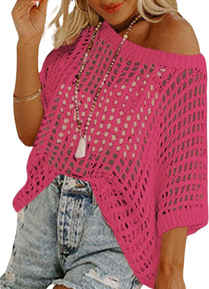 Short Sleeve Crochet Sweater Lightweight Summer Tops Loose Hollow Out Crewneck Pullover