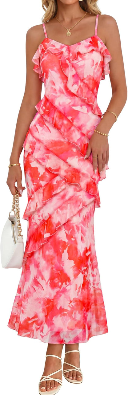 Summer Floral Wedding Guest Maxi Dress Women 2026 Vacation Formal Bodycon Spaghetti Strap Cocktail Party Long Dress