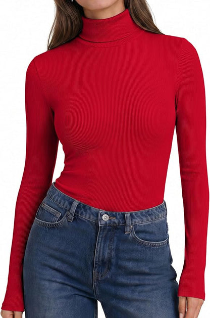 Women Turtleneck Long Sleeve Shirts Ribbed Casual Basic Tops Fitted Underwear Thermal Undershirts Winter Clothes