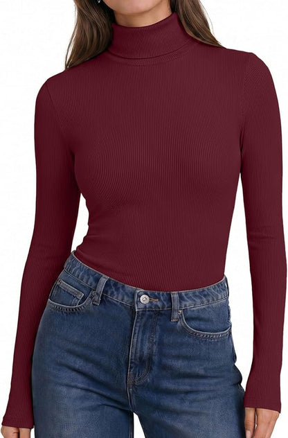Women Turtleneck Long Sleeve Shirts Ribbed Casual Basic Tops Fitted Underwear Thermal Undershirts Winter Clothes