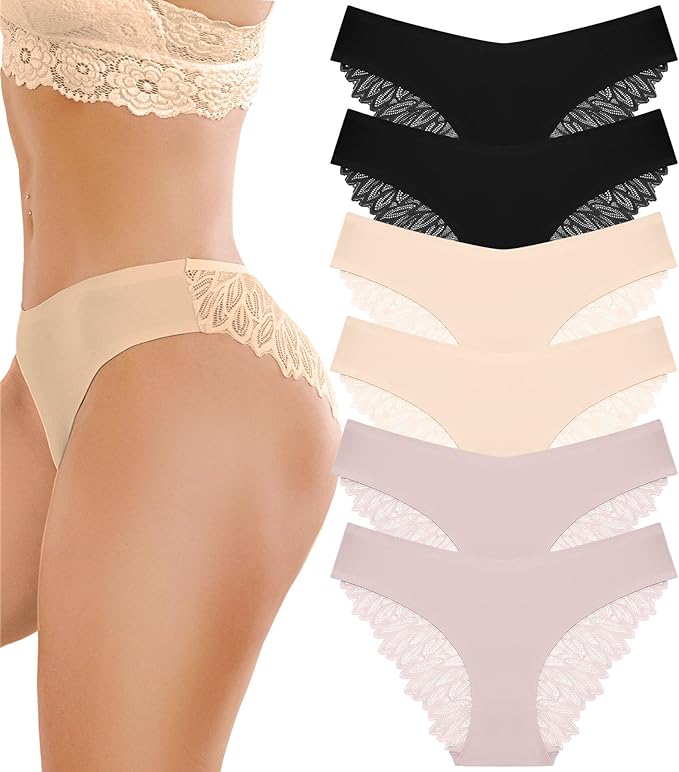 FINETOO 6 Pack Sexy Underwear for Women Silky Seamless No Show Panties Ladies Lace Bikini Lightweight Cheeky Hipster