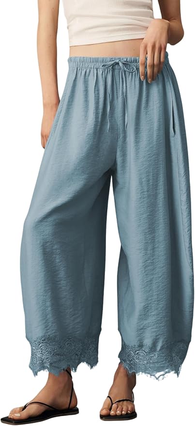 Women's Cropped Lace-Hem Pants High Waisted Drawstring Wide Leg Pants Casual Lightweight Trousers with Pockets