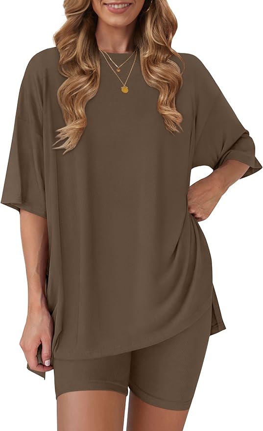 Women's 2 Piece Lounge Sets 2026 Casual Summer Airport Travel Outfits Oversized Shirts Biker Shorts Matching Clothing