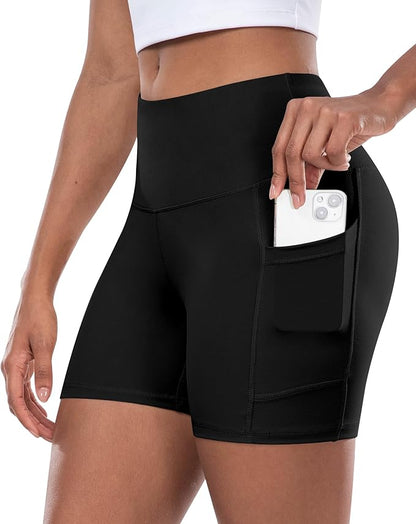 Womens Biker Yoga Shorts with Pocket, High Waisted Tummy Control 5 Inch Workout Spandex Athletic Gym Shorts
