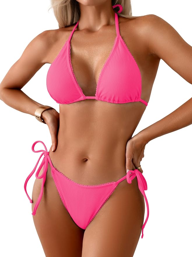 Women's Triangle Bikini Set Sexy String Halter Swimsuit Cute Ruffle Trim Two Piece Bathing Suit