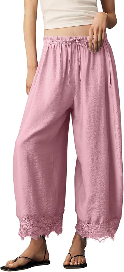 Women's Cropped Lace-Hem Pants High Waisted Drawstring Wide Leg Pants Casual Lightweight Trousers with Pockets