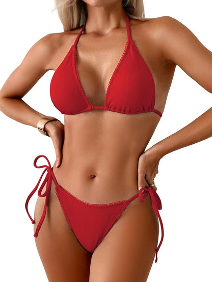 Women's Triangle Bikini Set Sexy String Halter Swimsuit Cute Ruffle Trim Two Piece Bathing Suit