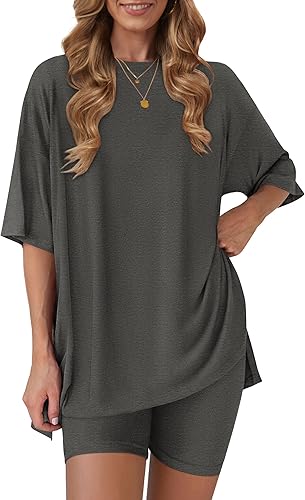 Women's 2 Piece Lounge Sets 2026 Casual Summer Airport Travel Outfits Oversized Shirts Biker Shorts Matching Clothing
