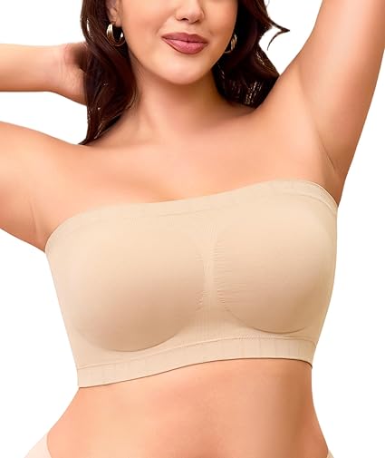 Strapless Bra for Women No Slip Silicone Grip Bandeau Bra with Fixed Pads Convertible Tube Top Bra with Fabric & Clear Straps