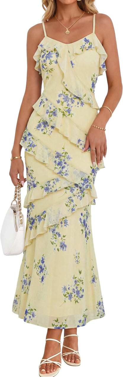 Summer Floral Wedding Guest Maxi Dress Women 2026 Vacation Formal Bodycon Spaghetti Strap Cocktail Party Long Dress