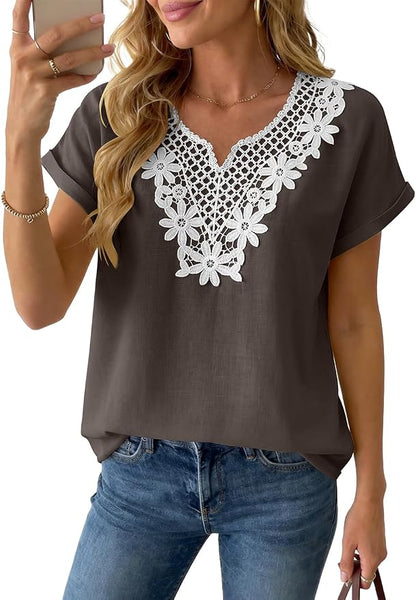 Womens Short Sleeve Tops Cotton Linen Shirts Loose Casual V Neck Lace Blouses Summer Vacation Clothes