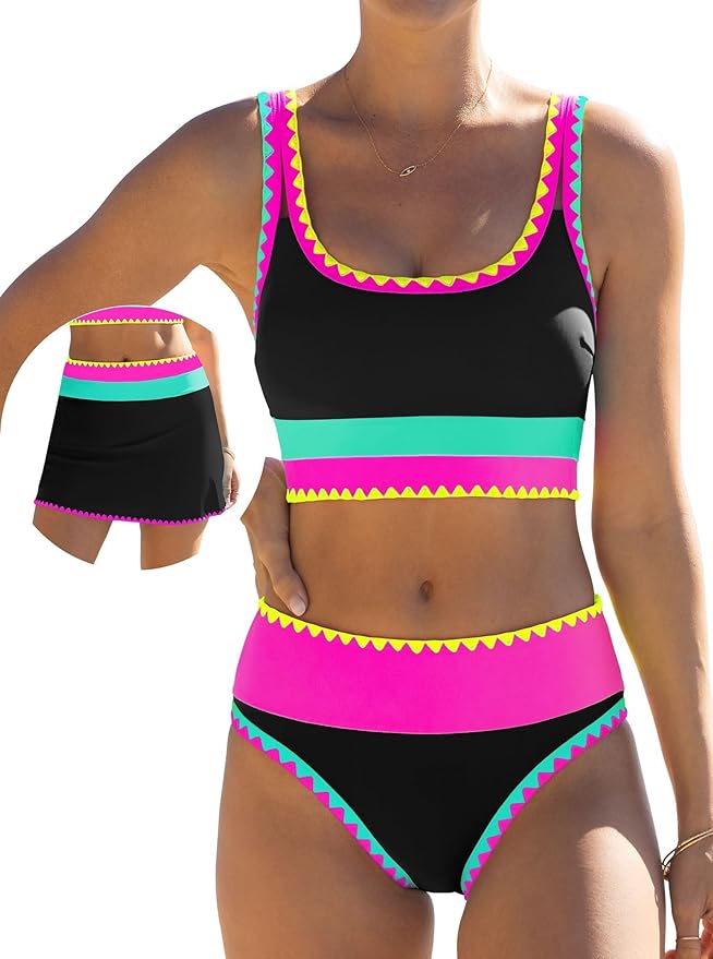 High Waisted Bikini Sets for Women Tummy Control Swimsuits 3 Piece Bathing Suits Neon Swimwear with Skirt 2026