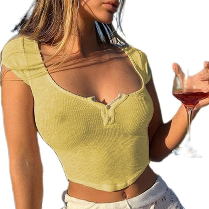 Women Sexy See Through Crop Top Sheer Low Cut Cap Short Sleeve  Baby Tee Slim Fit Button Front Summer T Shirt