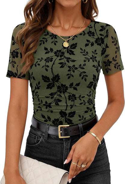 Women's Summer Short Sleeve Floral Mesh Blouse Top 2026 Dressy Casual Crewneck Ruched Fitted T Shirt Outfit