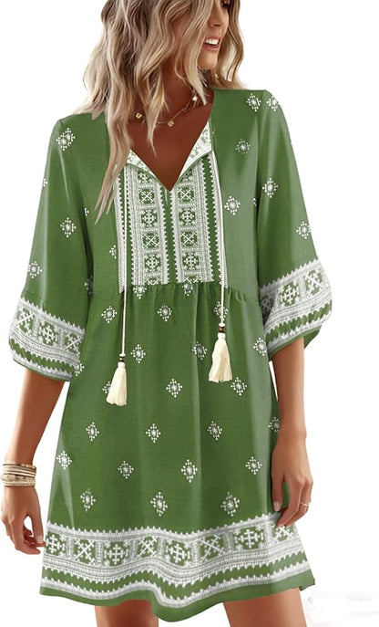 Boho Summer Dresses V Neck 3/4 Sleeve Floral Printed Loose Plus Size Flowy Beach Vacation Dress