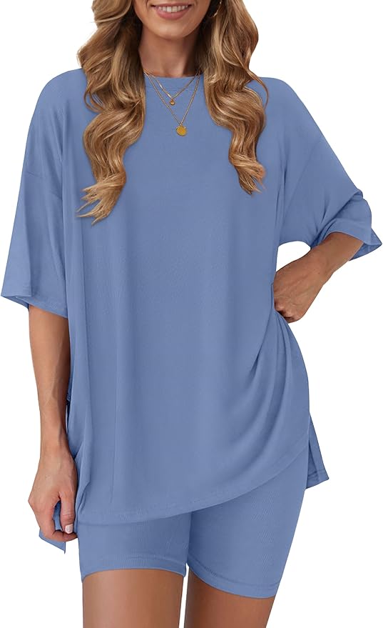 Women's 2 Piece Lounge Sets 2026 Casual Summer Airport Travel Outfits Oversized Shirts Biker Shorts Matching Clothing