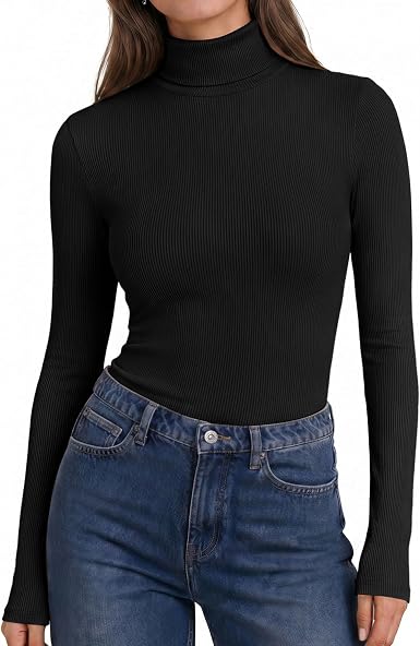 Women Turtleneck Long Sleeve Shirts Ribbed Casual Basic Tops Fitted Underwear Thermal Undershirts Winter Clothes