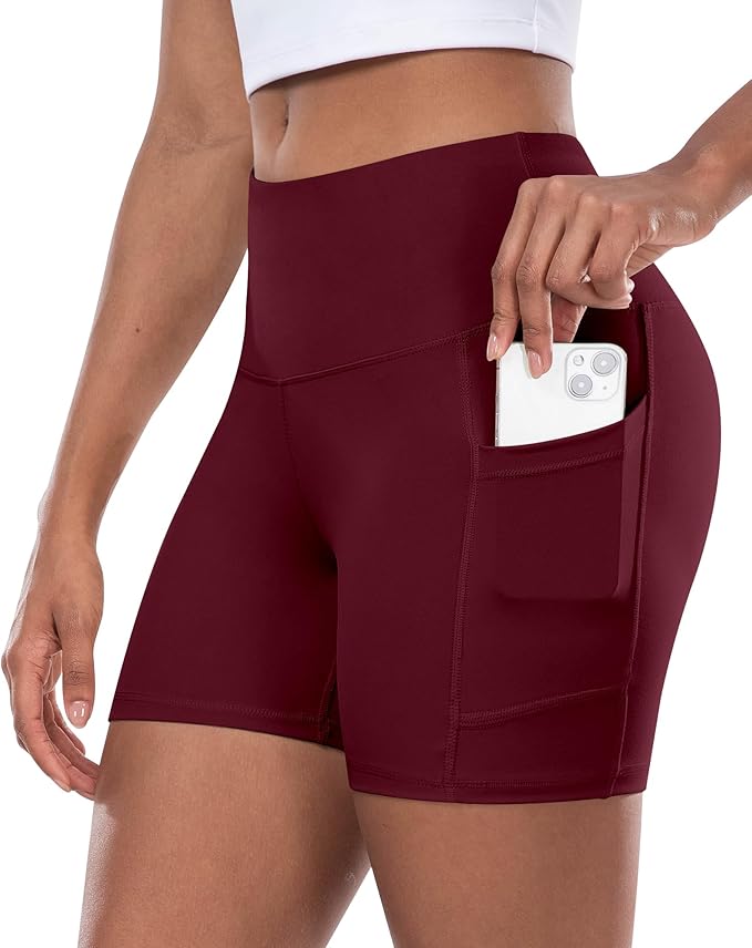 Womens Biker Yoga Shorts with Pocket, High Waisted Tummy Control 5 Inch Workout Spandex Athletic Gym Shorts
