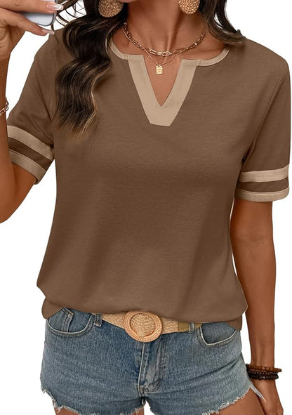 Women's Summer Tops Cotton V Neck Short Sleeve T-Shirts Colorblock Casual Tees 2026 Clothes