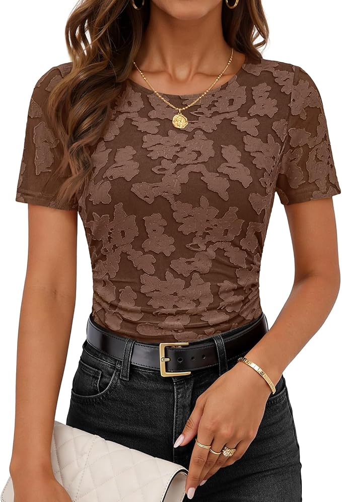 Women's Summer Short Sleeve Floral Mesh Blouse Top 2026 Dressy Casual Crewneck Ruched Fitted T Shirt Outfit