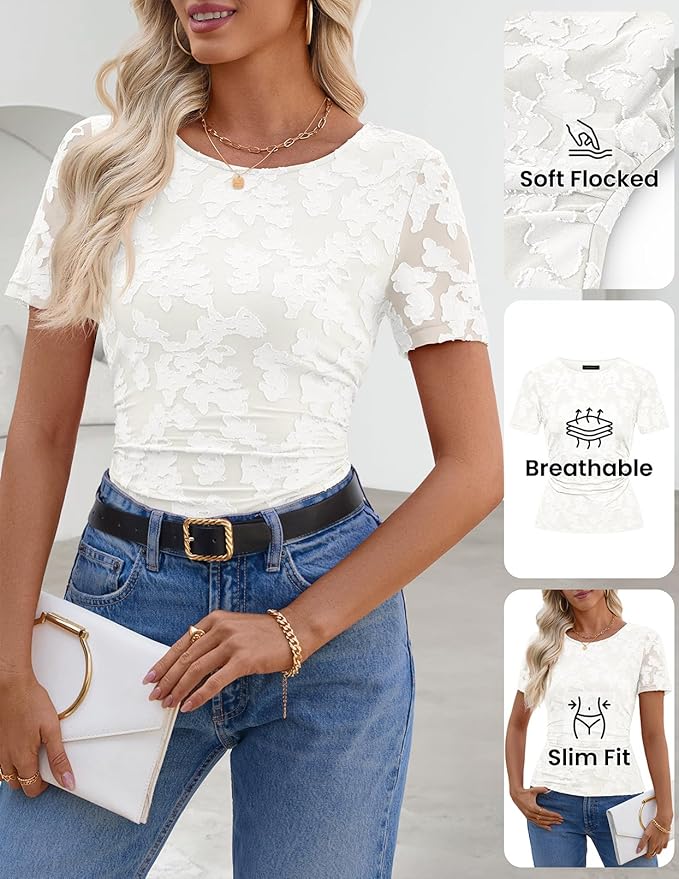 Women's Summer Short Sleeve Floral Mesh Blouse Top 2026 Dressy Casual Crewneck Ruched Fitted T Shirt Outfit