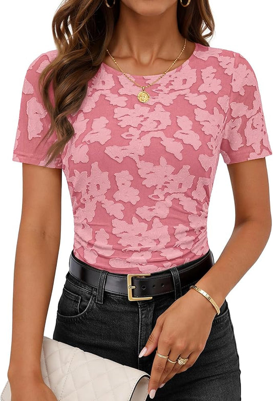 Women's Summer Short Sleeve Floral Mesh Blouse Top 2026 Dressy Casual Crewneck Ruched Fitted T Shirt Outfit