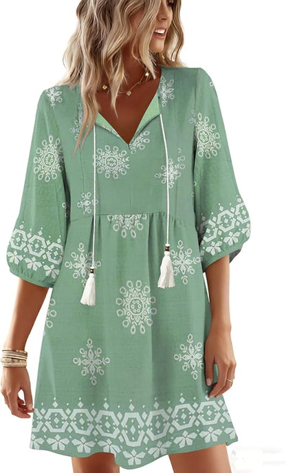 Boho Summer Dresses V Neck 3/4 Sleeve Floral Printed Loose Plus Size Flowy Beach Vacation Dress