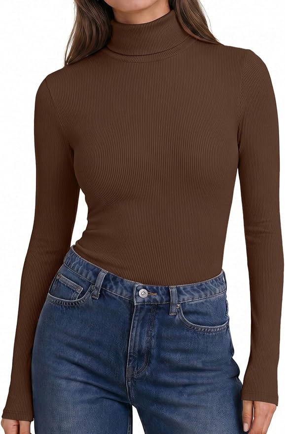 Women Turtleneck Long Sleeve Shirts Ribbed Casual Basic Tops Fitted Underwear Thermal Undershirts Winter Clothes