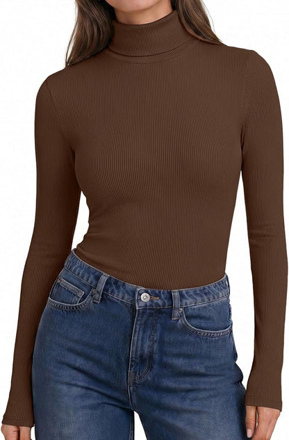 Women Turtleneck Long Sleeve Shirts Ribbed Casual Basic Tops Fitted Underwear Thermal Undershirts Winter Clothes