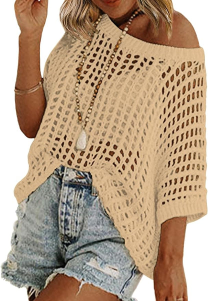 Short Sleeve Crochet Sweater Lightweight Summer Tops Loose Hollow Out Crewneck Pullover