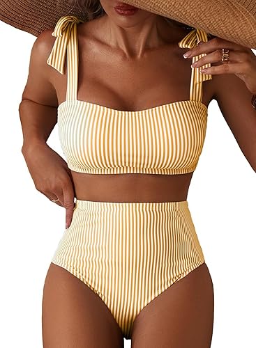 Women's Tie Shoulder Bikini Sets 2 Piece Striped Swimsuits High Waisted Bathing Suits