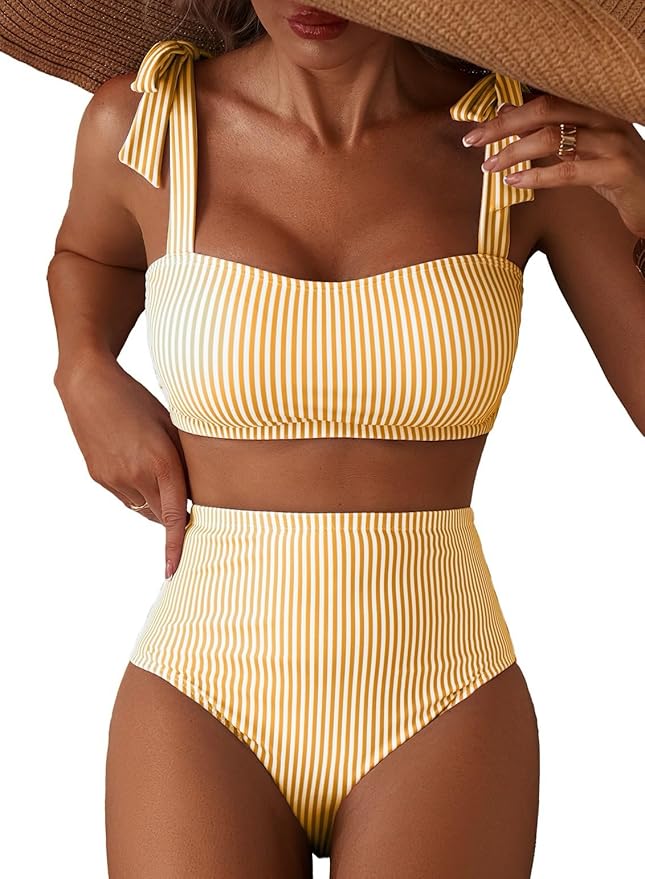 Women's Tie Shoulder Bikini Sets 2 Piece Striped Swimsuits High Waisted Bathing Suits